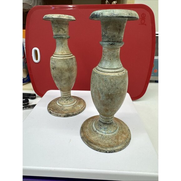 Vtg Rare Pair of Solid Bronze Candle Sticks Holders Gray Green Orange 6”x3” - Picture 9 of 10
